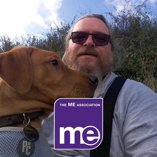 Russell and his dog in the sunshine. The ME Logo also appears.