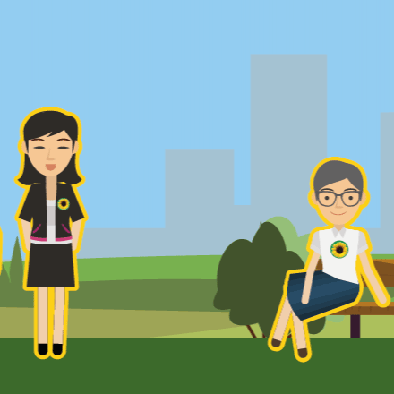An illustration of a group of people in a park. Some have physical disabilities and some have hidden disabilities and wear the Sunflower. 