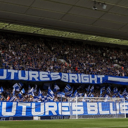 Ipswich Town football club's stand. Blue and white banners read: the future is blue and white