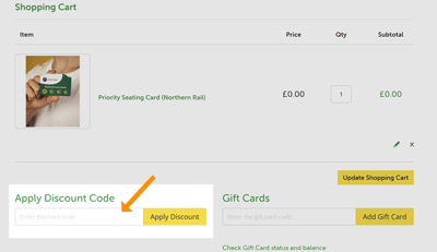 Image showing basket and big orange arrow pointing to the area where the voucher code needs to be added