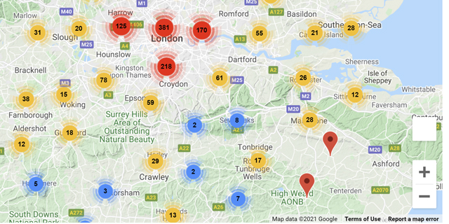 Image of map with number of locations highlighted in circles